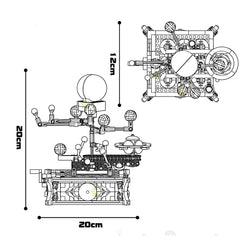 Dimension diagram of the 697PCS mechanical solar system building set showing 20cm height and width with top and side view.