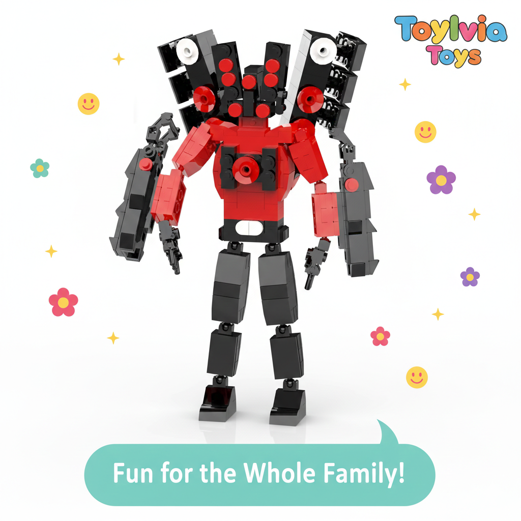 Toy robot with red and black colors on a white background with colorful decorations and 'Toylovia Toys' branding. Main image