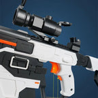 Close-up of a white and black soft-bullet blaster with scope on a blue background