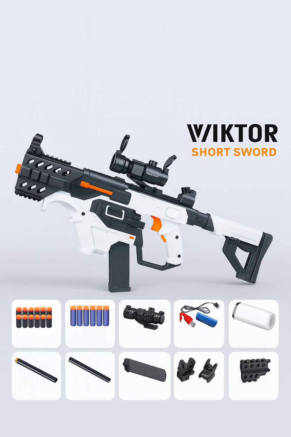 White and black soft-bullet blaster with accessories displayed on a light background