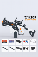 White and black soft-bullet blaster with accessories displayed on a light background