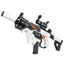White and black electric soft-bullet blaster with scope and orange accents on a white background