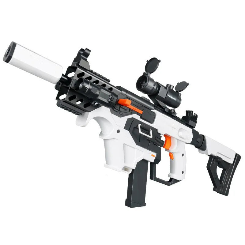 White and black electric soft-bullet blaster with scope and orange accents on a white background Main image