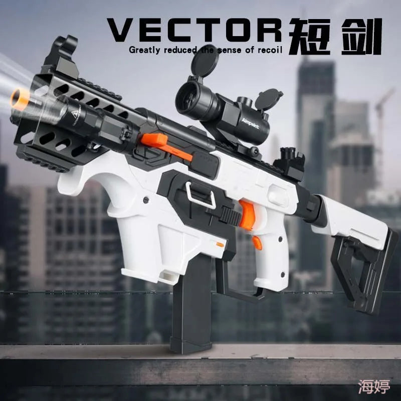 White and black soft-bullet blaster with scope displayed against a cityscape background