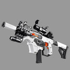 White and black soft-bullet blaster with scope and accessories on a grey background