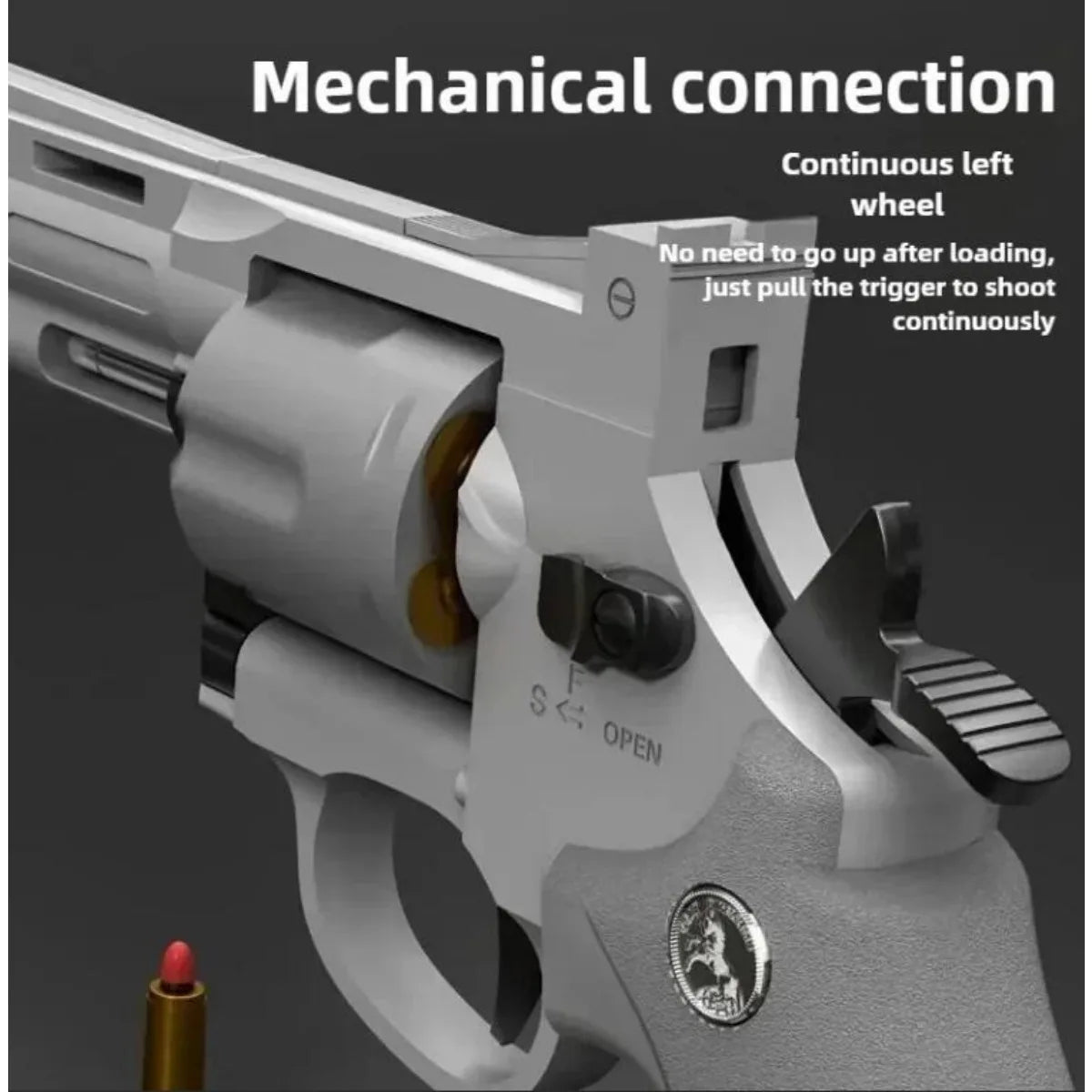 Close-up of ZP5 357 toy revolver showing the mechanical connection feature on a dark background.