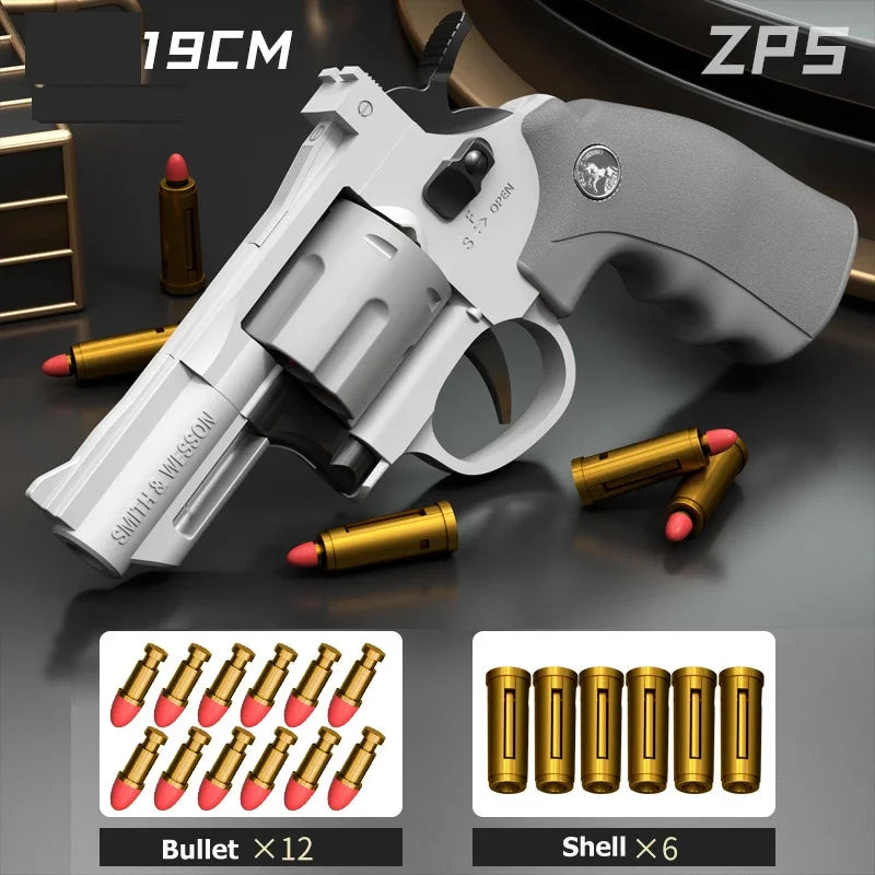 Silver ZP5 357 toy revolver 19cm displayed with soft bullets and shells on a dark surface.