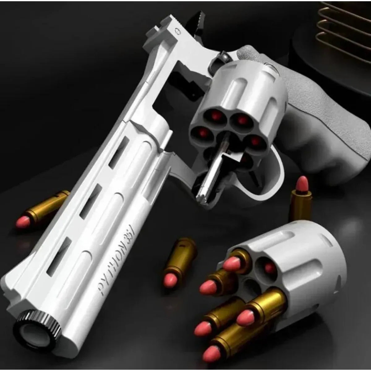 Silver ZP5 357 toy revolver with soft bullet shells displayed on a dark background.