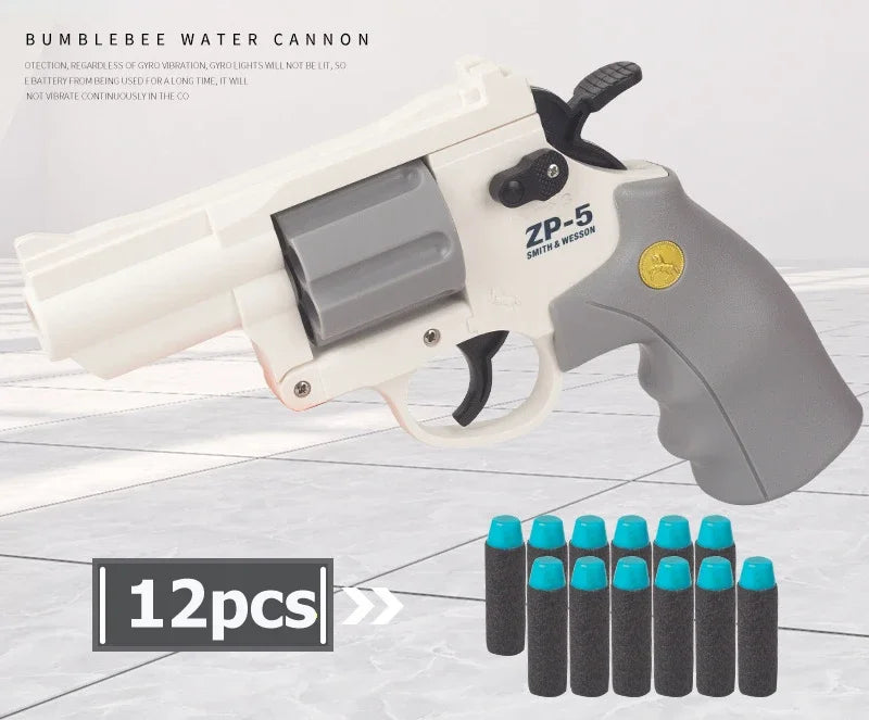 ZP5 Bumblebee water cannon toy gun with 12 blue foam darts on a light gray background.