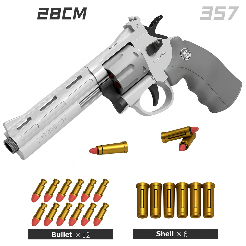 ZP5 Python 357 toy revolver with soft rubber bullets and shell casings displayed on a clean white background