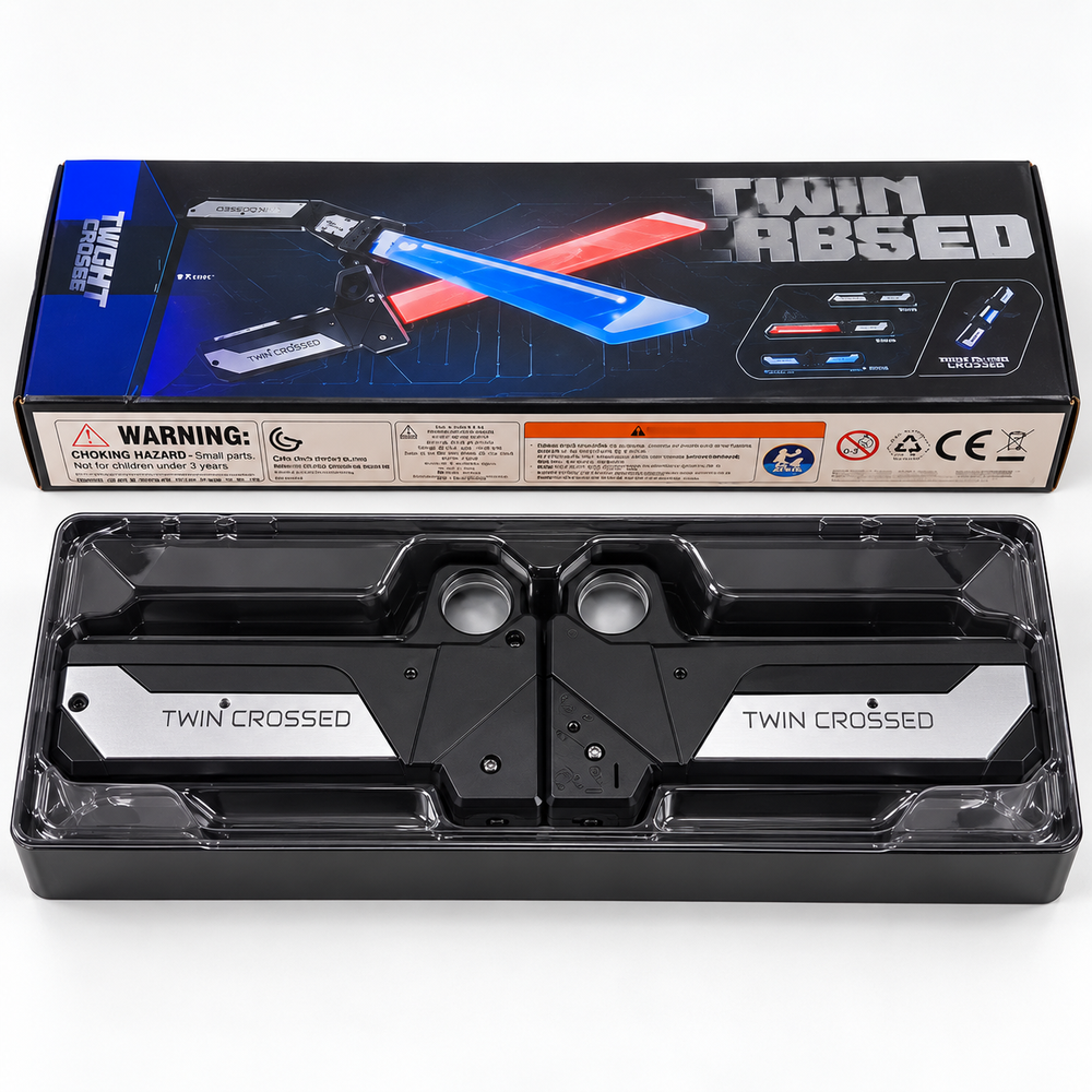 Two black and silver toy swords with retracted blades in a plastic tray beside their retail box on a white background.
