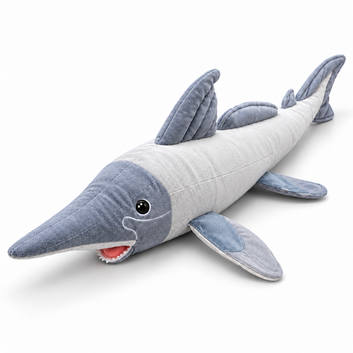 66cm long-snouted silver shark plush toy seen from above at a left-facing angle