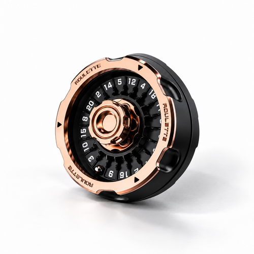 D20 roulette dice fidget spinner in rose gold and black metal, standing upright in three-quarter view facing left