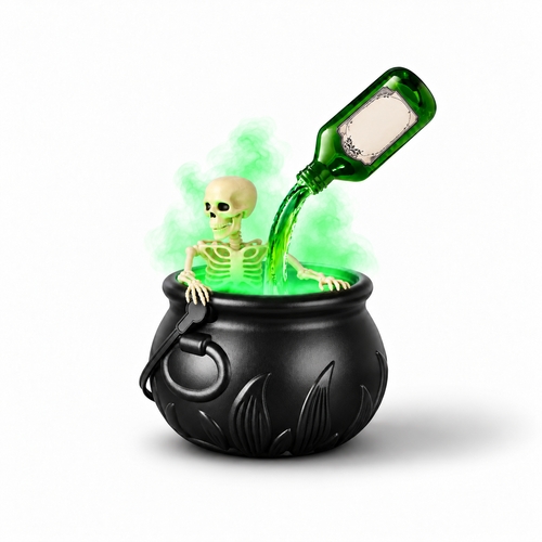 Skeleton cauldron front three-quarter view