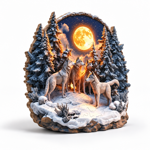 3D enchanted wolf forest wooden puzzle standing upright