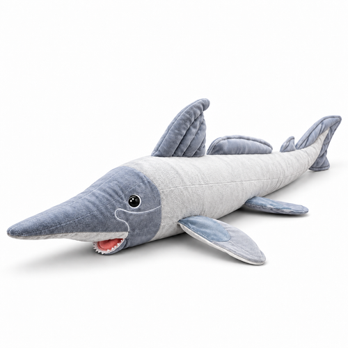 66cm long-snouted silver shark plush toy seen from the front left with grey snout, tall dorsal fin and side fins