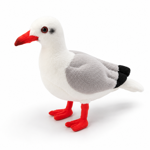 25cm red-billed gull plush toy standing, three-quarter view from above, white body, grey wings, red beak and legs