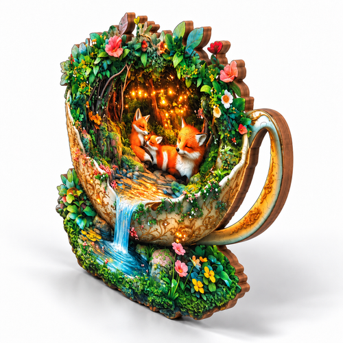 Enchanted forest fox wooden jigsaw puzzle teacup shape, left three-quarter view
