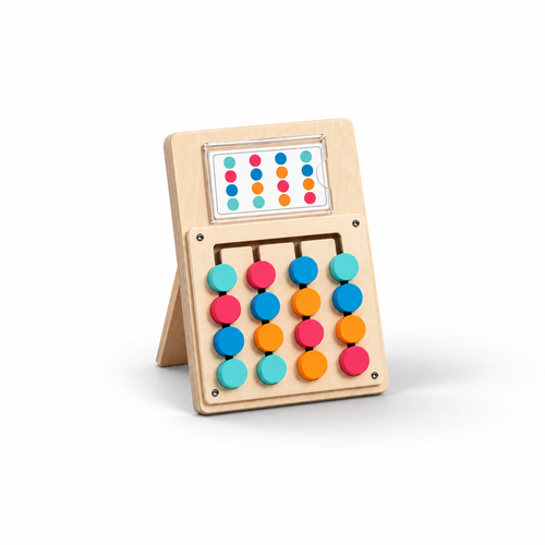 Montessori wooden color matching board standing on easel three-quarter view