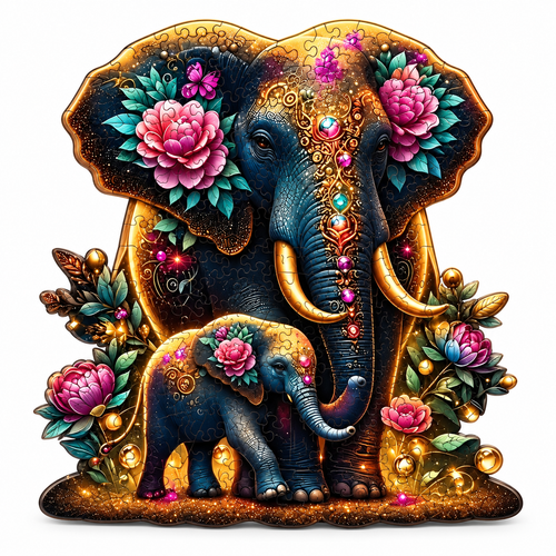 Mystical Elephant Family Wooden Puzzle straight-on centered