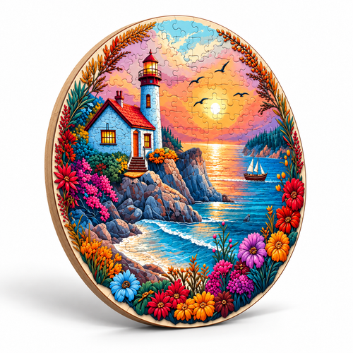 Sunset seaside lighthouse round wooden puzzle standing upright