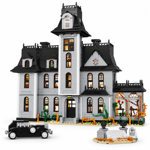 Full Addam Nightfall Gothic Manor building-block set with black car and grave accessory on white studio background