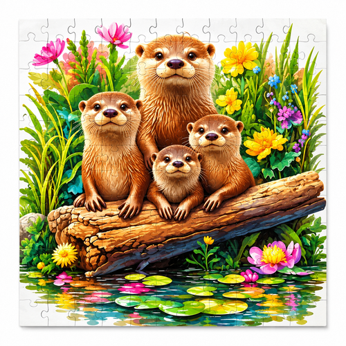 Adorable Otter Family Wooden Jigsaw Puzzle - Unique Animal-Shaped Pieces product photo