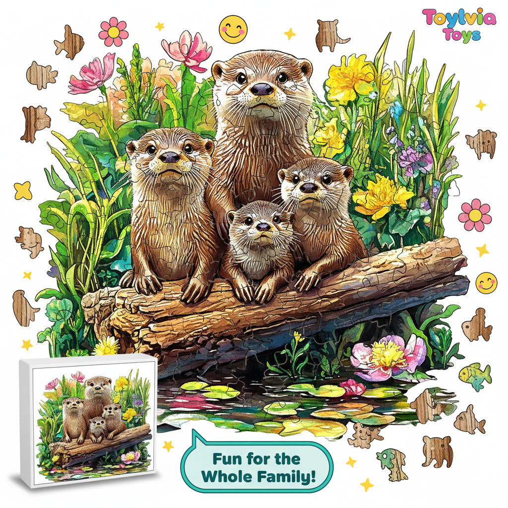 Vibrant otter-shaped wooden jigsaw puzzle featuring a parent and baby otter with floral patterns. Main image