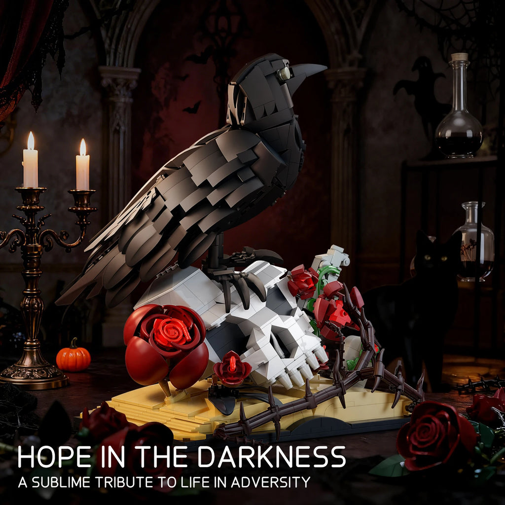 Dark-themed decorative setup with a bird, skull, and roses in a gothic-style room.