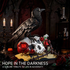 Dark-themed decorative setup with a bird, skull, and roses in a gothic-style room.