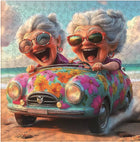 Adult Wooden Jigsaw Puzzle - Happy Old Ladies Car Art | Irregular Shape