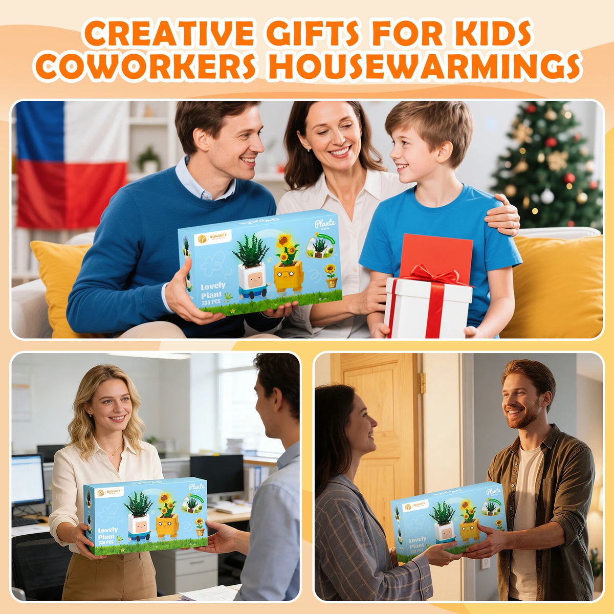 Collage of people receiving and giving creative gifts for kids, coworkers, and housewarmings.