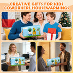 Collage of people receiving and giving creative gifts for kids, coworkers, and housewarmings.