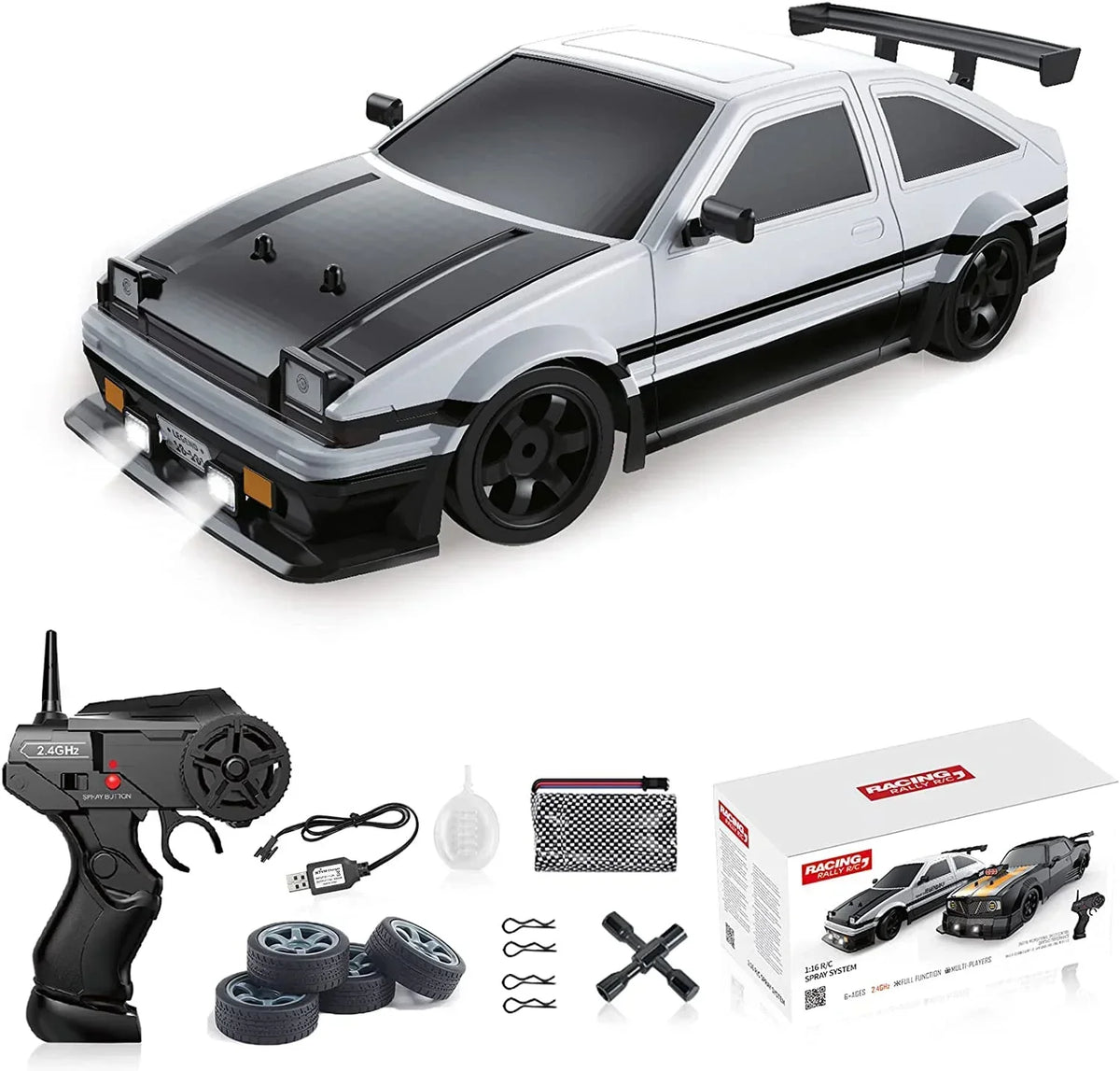 Model car kit with remote control, wheels, and accessories on a white background