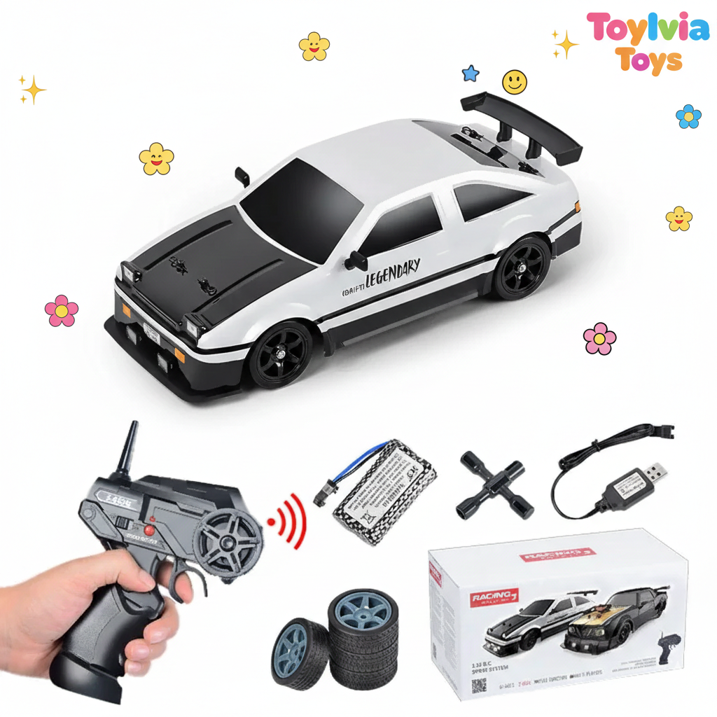 Toy car set with remote control, battery, and accessories on a white background, featuring Toylivia Toys branding. Main image