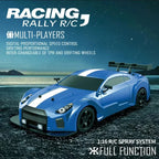 Blue racing RC car with features listed on a scenic background