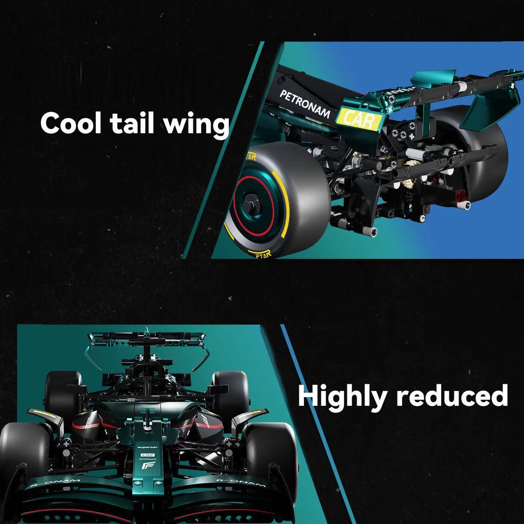 Close-up of a Formula 1 car's tail wing with text 'Cool tail wing' and 'Highly reduced' on a black and blue background.