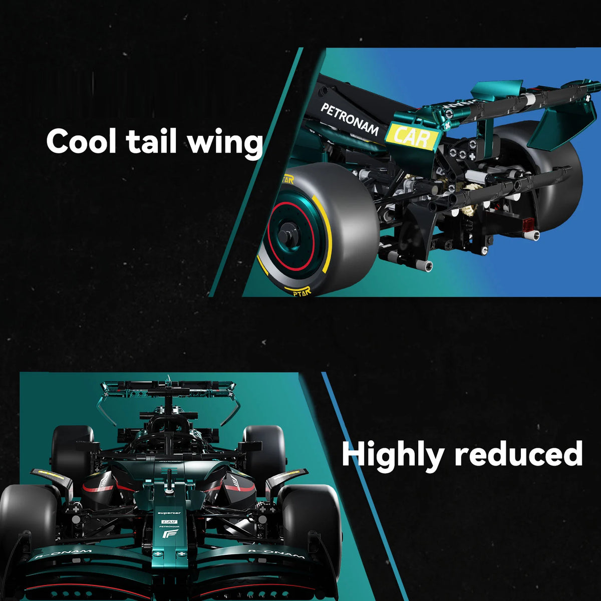 Close-up of a Formula 1 car's tail wing with text 'Cool tail wing' and 'Highly reduced' on a black and blue background.