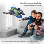 Man and child playing with a drone in a living room.