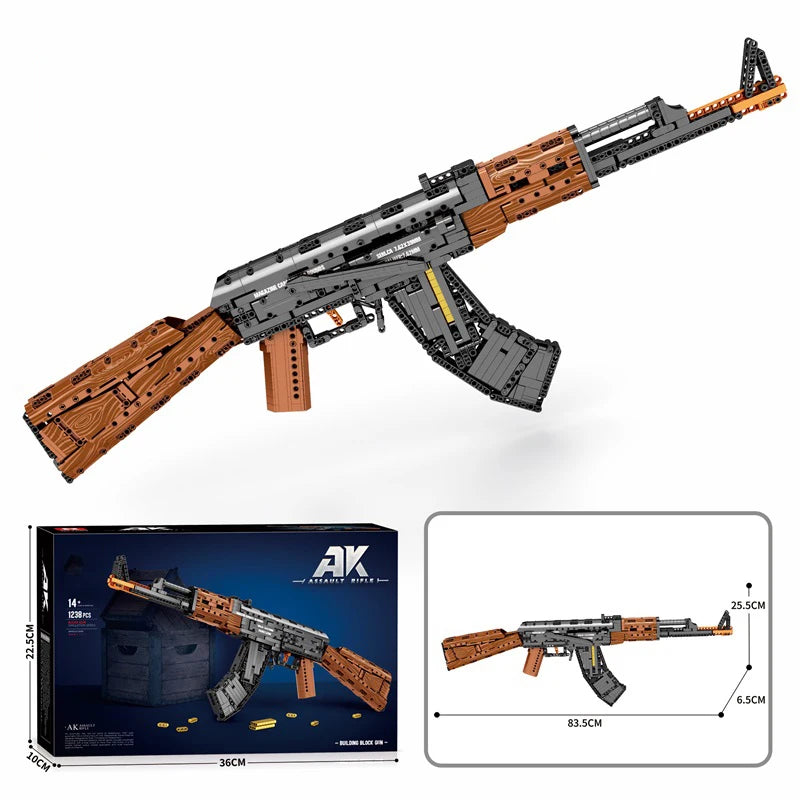 Complete AK47 assault rifle military building blocks model with detachable magazine and working trigger mechanism.