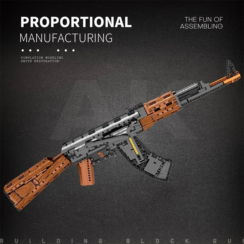 AK47 building blocks rifle with detachable magazine system showing compatibility and realistic magazine well design.
