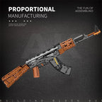AK47 building blocks rifle with detachable magazine system showing compatibility and realistic magazine well design.
