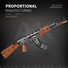 AK47 building blocks rifle with detachable magazine system showing compatibility and realistic magazine well design.