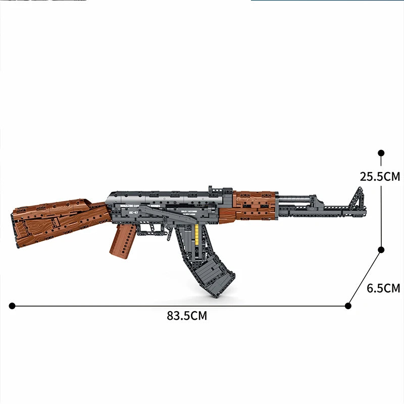 AK47 building blocks rifle disassembled view showing barrel, stock, magazine, trigger assembly and mechanical components.