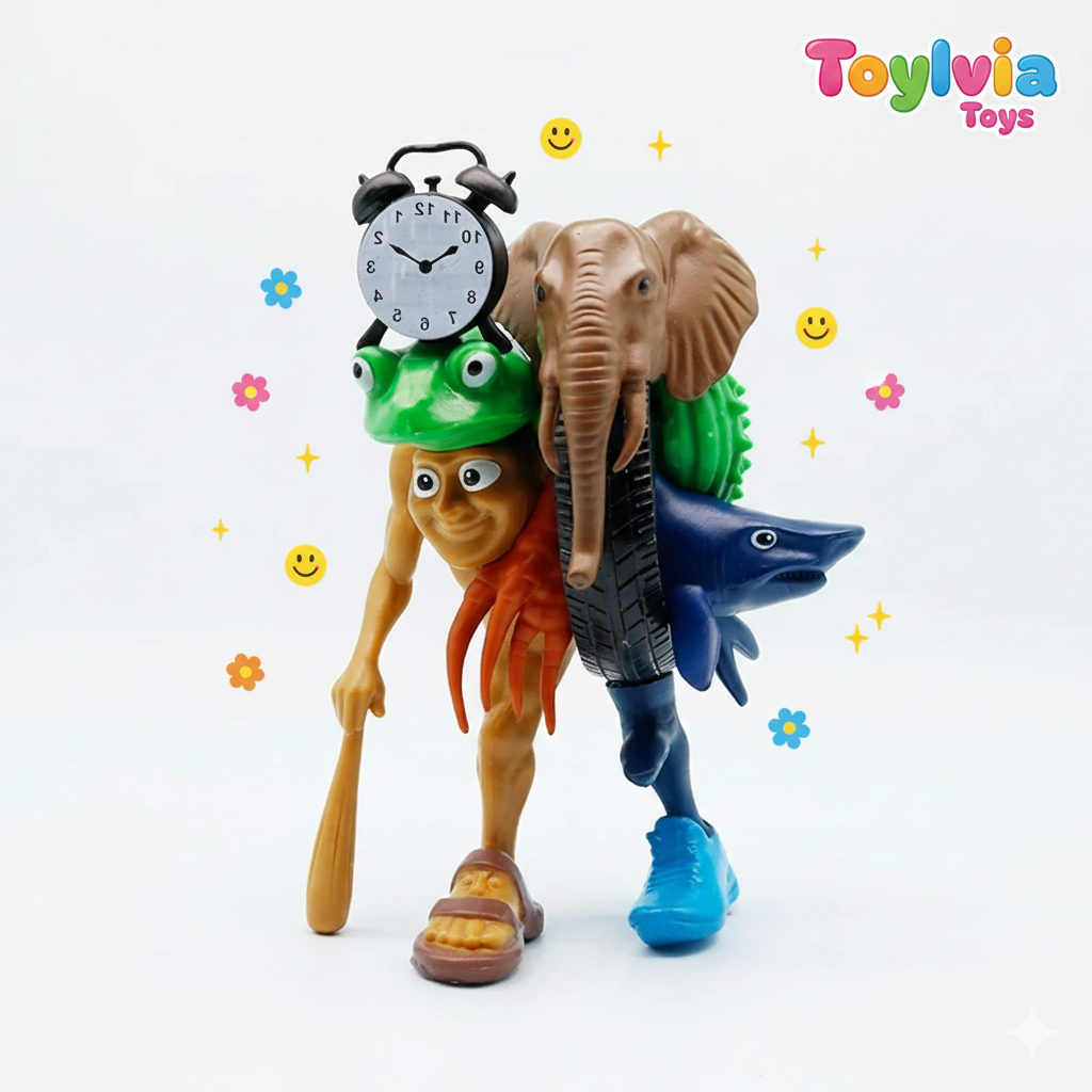 Toy figure with a frog, shark, and elephant on a white background with 'Toylovia Toys' branding.