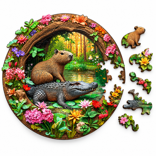 Capybara & Crocodile Wooden Jigsaw Puzzle - 5A Difficulty Irregular Wood Set - alternate view
