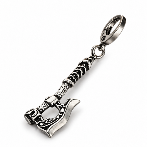 Antique Stainless Steel Axe Pendant Keychain Viking EDC Keyring - alternate view