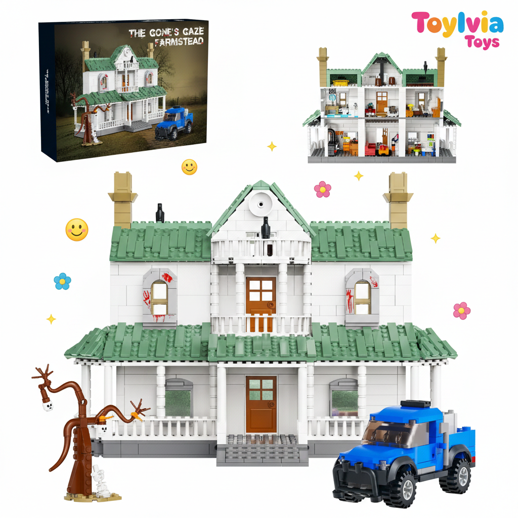 Toy house set with a truck and 'The Gone's Caze Farmstead' packaging, featuring the brand 'Toylivia Toys'.