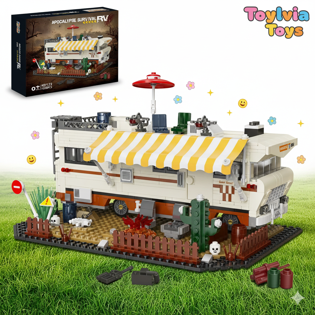 Toy RV model with striped awning on grass, Toyvia Toys branding visible