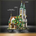 Detailed model of a building with labeled parts on a dark background